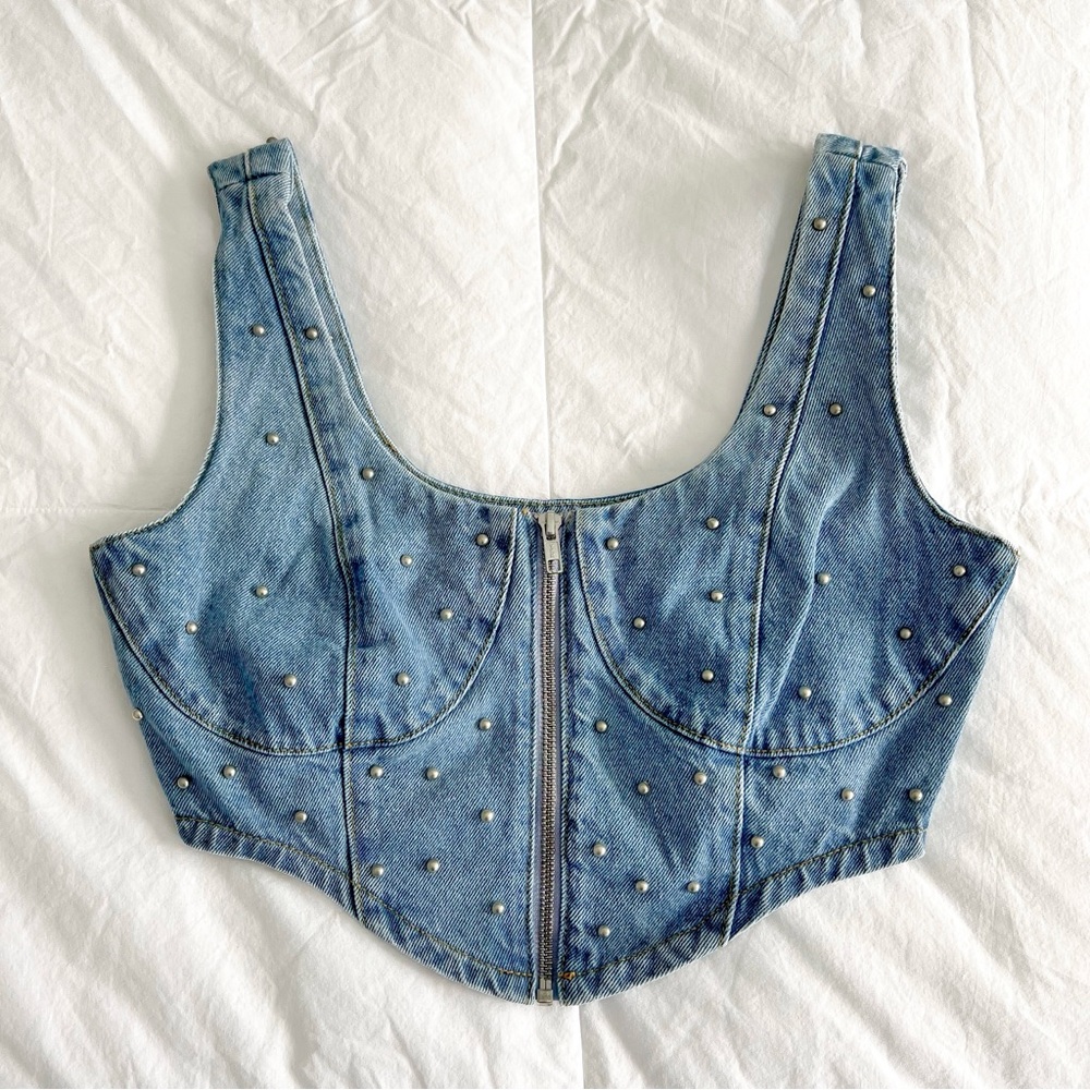 Milk It Lasso Studded Recycled Denim Cropped Top